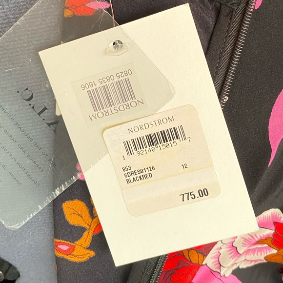 NEW A.L.C. Black Red Floral Print Marcel Mock Neck Ruched Stretch Silk Dress - Picture 10 of 10